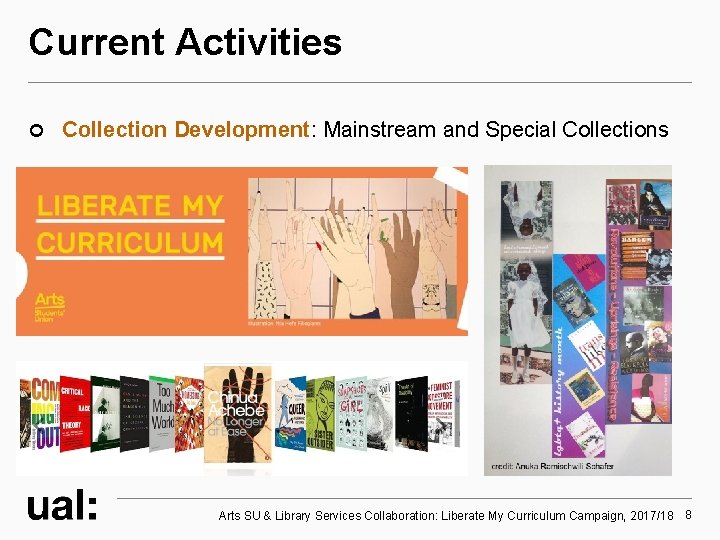 Current Activities Collection Development: Mainstream and Special Collections Arts SU & Library Services Collaboration: