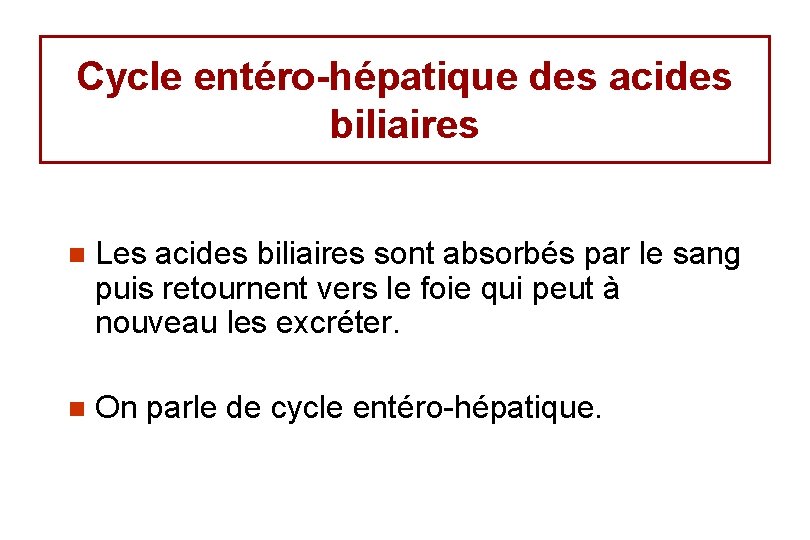 Cycle entéro-hépatique des acides biliaires n Les acides biliaires sont absorbés par le sang