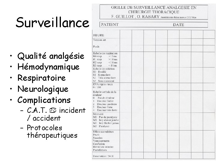 Surveillance • • • Qualité analgésie Hémodynamique Respiratoire Neurologique Complications – C. A. T.