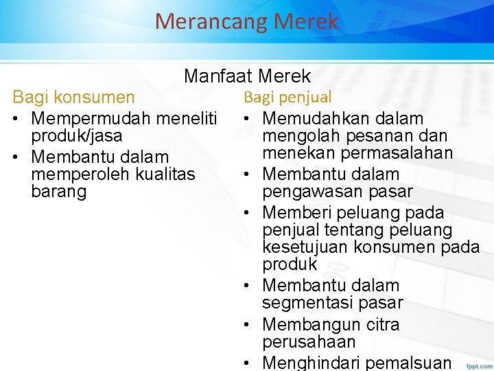 Merancang Merek Manfaat Merek Bagi konsumen • Mempermudah meneliti produk/jasa • Membantu dalam memperoleh