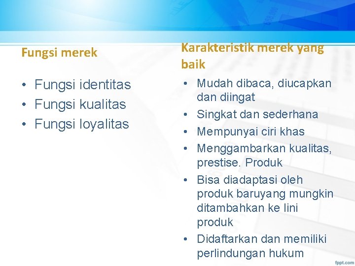 Fungsi merek Karakteristik merek yang baik • Fungsi identitas • Fungsi kualitas • Fungsi