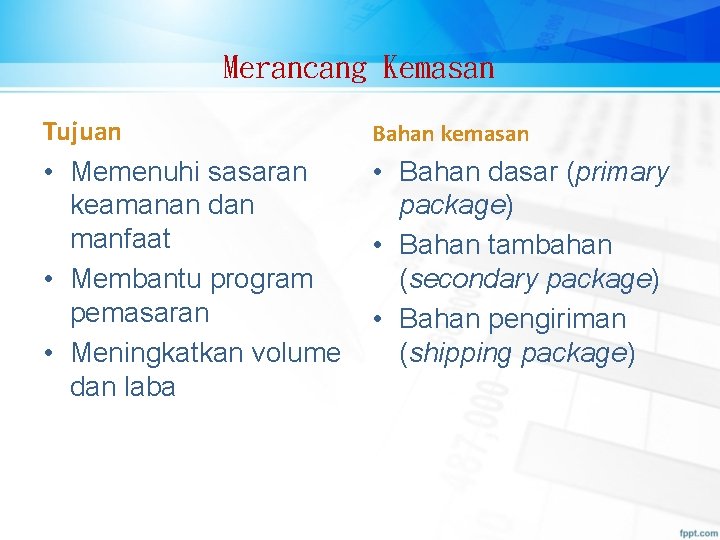 Merancang Kemasan Tujuan • Memenuhi sasaran keamanan dan manfaat • Membantu program pemasaran •