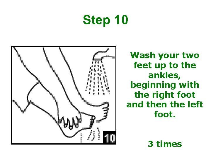 Step 10 Wash your two feet up to the ankles, beginning with the right