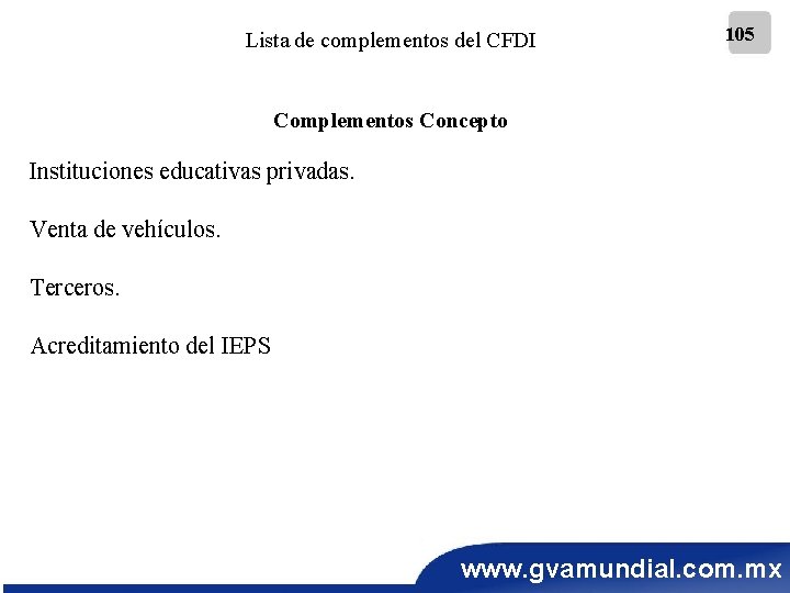 Lista de complementos del CFDI 105 Complementos Concepto Instituciones educativas privadas. Venta de vehículos.