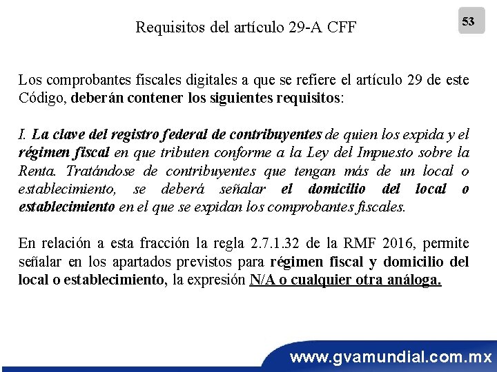 Requisitos del artículo 29 -A CFF 53 Los comprobantes fiscales digitales a que se