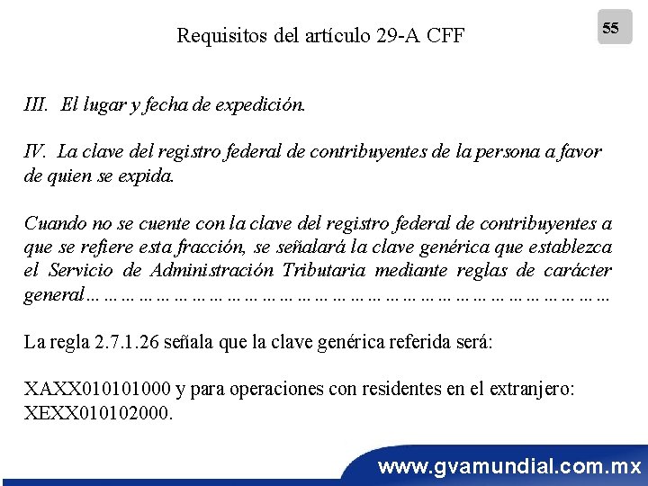 Requisitos del artículo 29 -A CFF 55 III. El lugar y fecha de expedición.