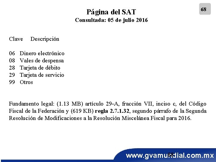 Página del SAT 68 Consultada: 05 de julio 2016 Clave 06 08 28 29