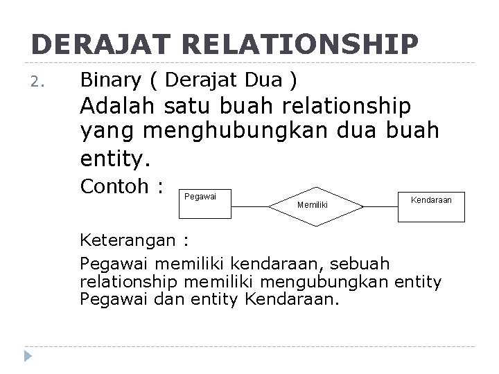 DERAJAT RELATIONSHIP 2. Binary ( Derajat Dua ) Adalah satu buah relationship yang menghubungkan