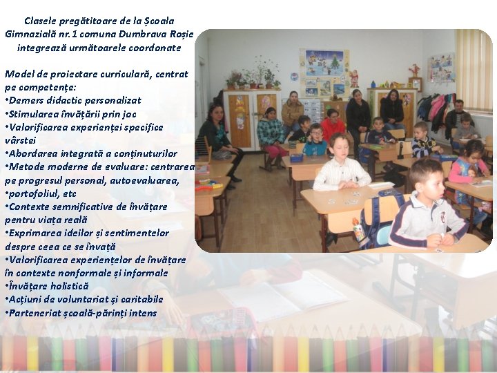 Clasele pregătitoare de la Școala Gimnazială nr. 1 comuna Dumbrava Roșie integrează următoarele coordonate