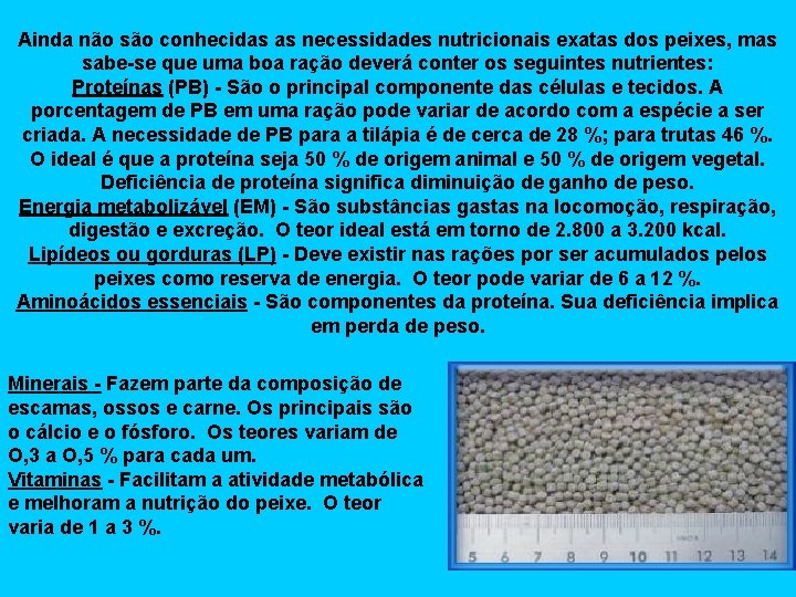 Ainda não são conhecidas as necessidades nutricionais exatas dos peixes, mas sabe-se que uma