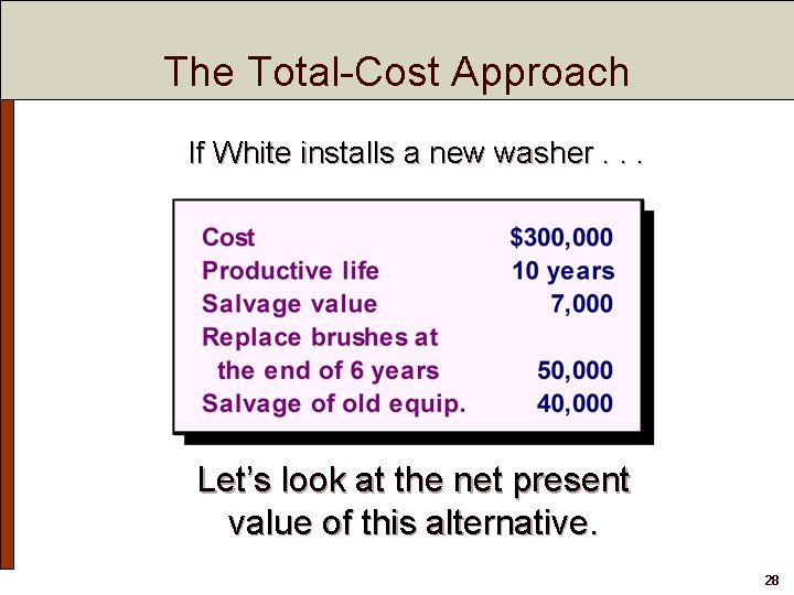 The Total-Cost Approach If White installs a new washer. . . Let’s look at