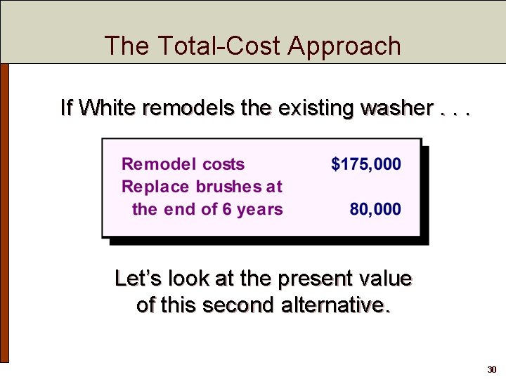 The Total-Cost Approach If White remodels the existing washer. . . Let’s look at