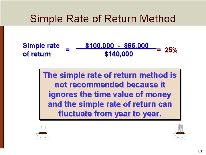 Simple Rate of Return Method Simple rate = of return $100, 000 - $65,