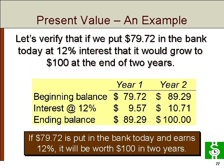 Present Value – An Example Let’s verify that if we put $79. 72 in