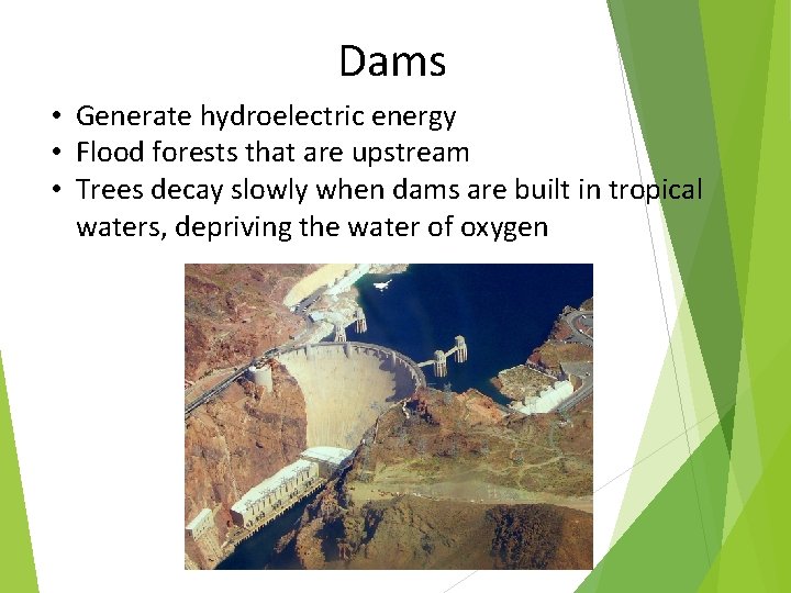 Dams • Generate hydroelectric energy • Flood forests that are upstream • Trees decay