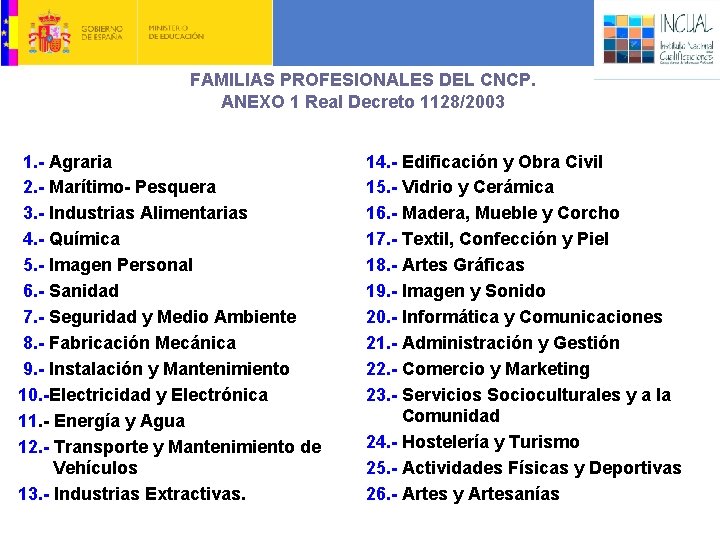 3. EL CATÁLOGO NACIONAL DE CUALIFICACIONES PROFESIONALES FAMILIAS PROFESIONALES DEL CNCP. ANEXO 1 Real