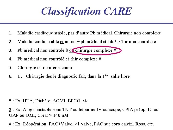 Classification CARE 1. Maladie cardiaque stable, pas d’autre Pb médical. Chirurgie non complexe 2.