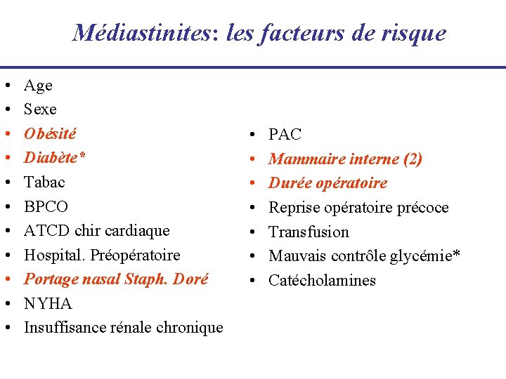 Médiastinites: les facteurs de risque • • • Age Sexe Obésité Diabète* Tabac BPCO