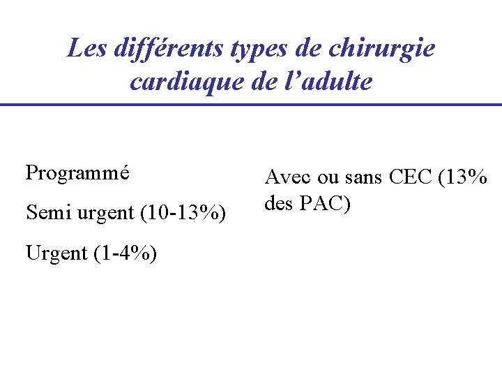 Les différents types de chirurgie cardiaque de l’adulte Programmé Semi urgent (10 -13%) Urgent