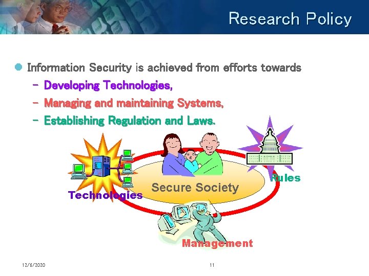 Research Policy l Information Security is achieved from efforts towards – Developing Technologies, –