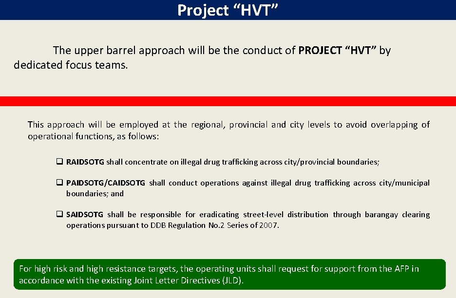 Project “HVT” The upper barrel approach will be the conduct of PROJECT “HVT” by