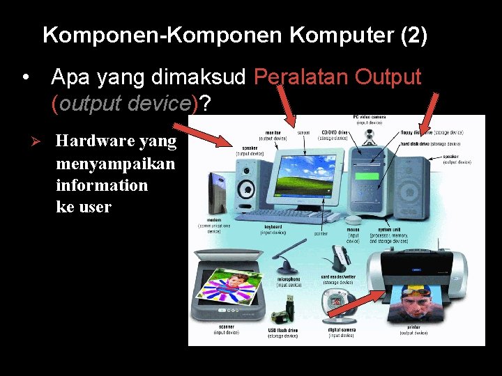 Komponen-Komponen Komputer (2) • Apa yang dimaksud Peralatan Output (output device)? Ø Hardware yang