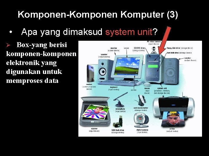 Komponen-Komponen Komputer (3) • Apa yang dimaksud system unit? Box-yang berisi komponen-komponen elektronik yang