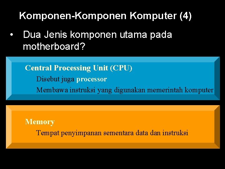 Komponen-Komponen Komputer (4) • Dua Jenis komponen utama pada motherboard? Central Processing Unit (CPU)