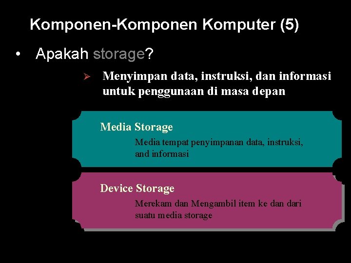 Komponen-Komponen Komputer (5) • Apakah storage? Ø Menyimpan data, instruksi, dan informasi untuk penggunaan