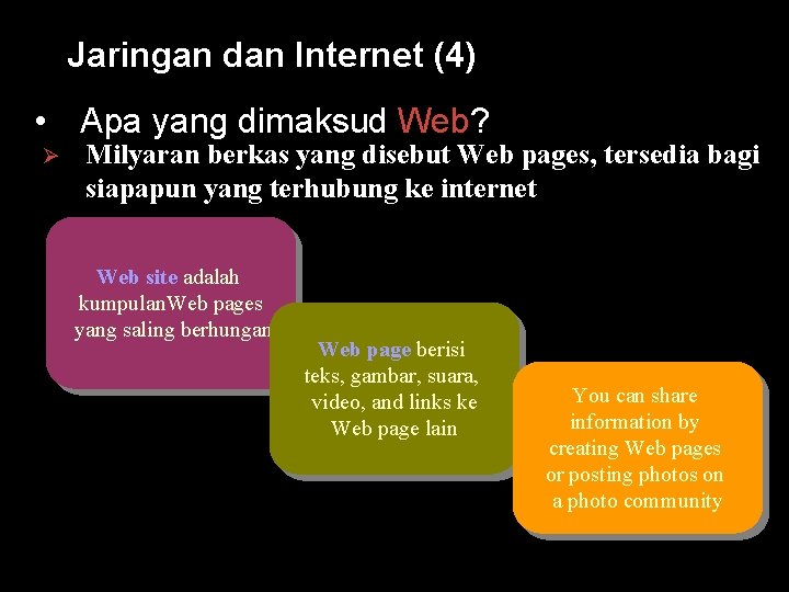 Jaringan dan Internet (4) • Apa yang dimaksud Web? Ø Milyaran berkas yang disebut