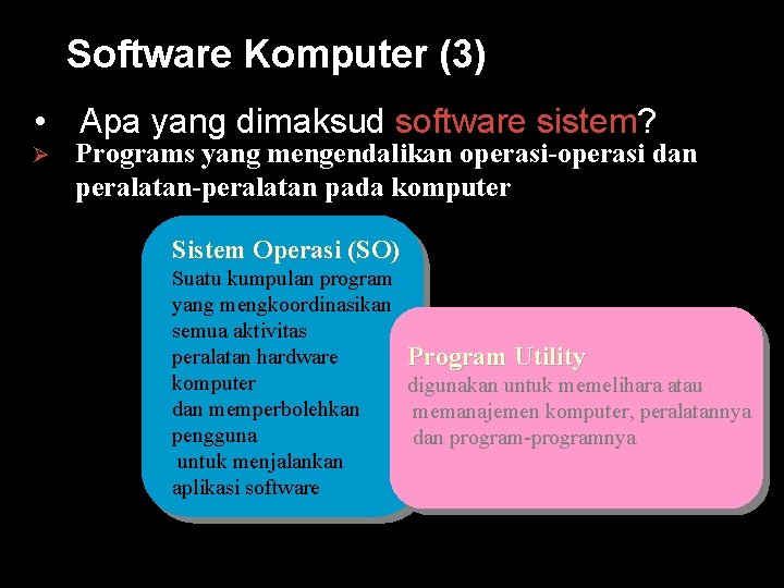 Software Komputer (3) • Apa yang dimaksud software sistem? Ø Programs yang mengendalikan operasi-operasi