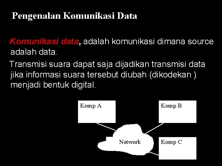 Pengenalan Komunikasi Data Komunikasi data, adalah komunikasi dimana source adalah data. Transmisi suara dapat