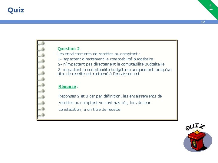 1 Quiz 12 Question 2 Les encaissements de recettes au comptant : 1 -