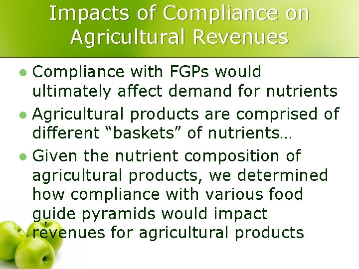 Impacts of Compliance on Agricultural Revenues Compliance with FGPs would ultimately affect demand for