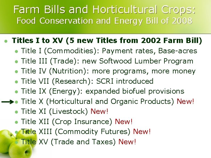 Farm Bills and Horticultural Crops: Food Conservation and Energy Bill of 2008 l Titles