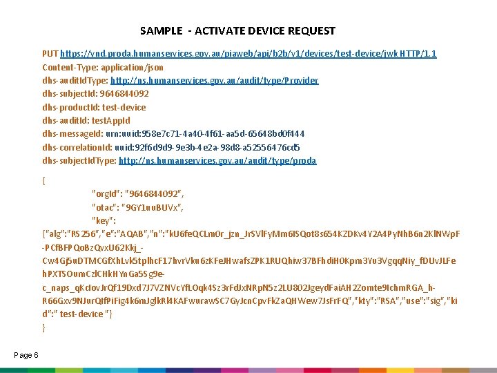 SAMPLE - ACTIVATE DEVICE REQUEST PUT https: //vnd. proda. humanservices. gov. au/piaweb/api/b 2 b/v