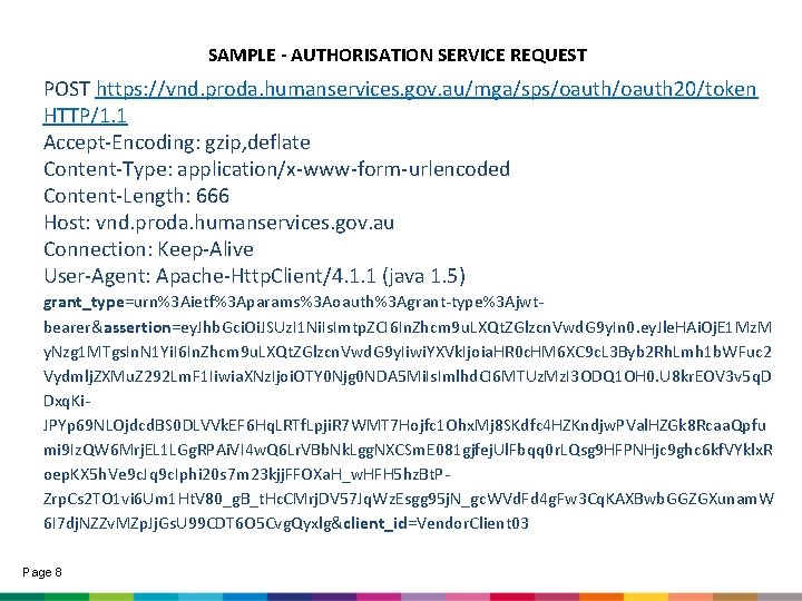 SAMPLE - AUTHORISATION SERVICE REQUEST POST https: //vnd. proda. humanservices. gov. au/mga/sps/oauth 20/token HTTP/1.
