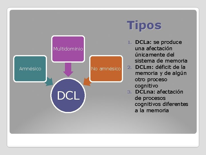 Tipos DCLa: se produce una afectación únicamente del sistema de memoria 2. DCLm: déficit