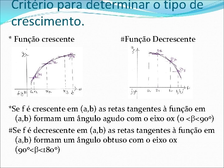 Critério para determinar o tipo de crescimento. * Função crescente #Função Decrescente *Se f