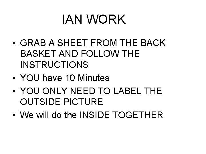 IAN WORK • GRAB A SHEET FROM THE BACK BASKET AND FOLLOW THE INSTRUCTIONS IAN WORK • GRAB A SHEET FROM THE BACK BASKET AND FOLLOW THE INSTRUCTIONS