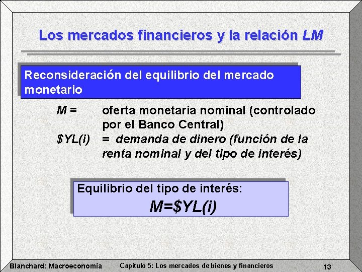 Los mercados financieros y la relación LM Reconsideración del equilibrio del mercado monetario M=