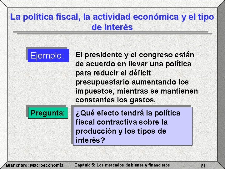 La política fiscal, la actividad económica y el tipo de interés Ejemplo: El presidente