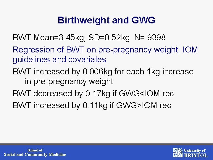 Birthweight and GWG BWT Mean=3. 45 kg, SD=0. 52 kg N= 9398 Regression of