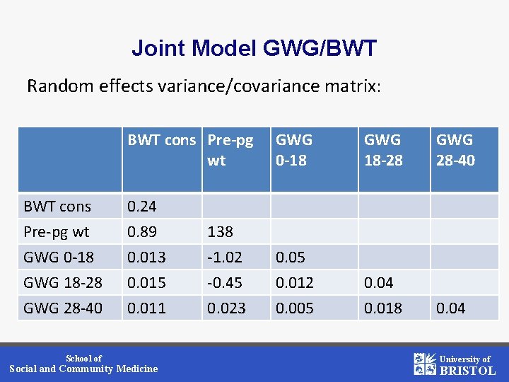 Joint Model GWG/BWT Random effects variance/covariance matrix: BWT cons Pre-pg wt BWT cons 0.