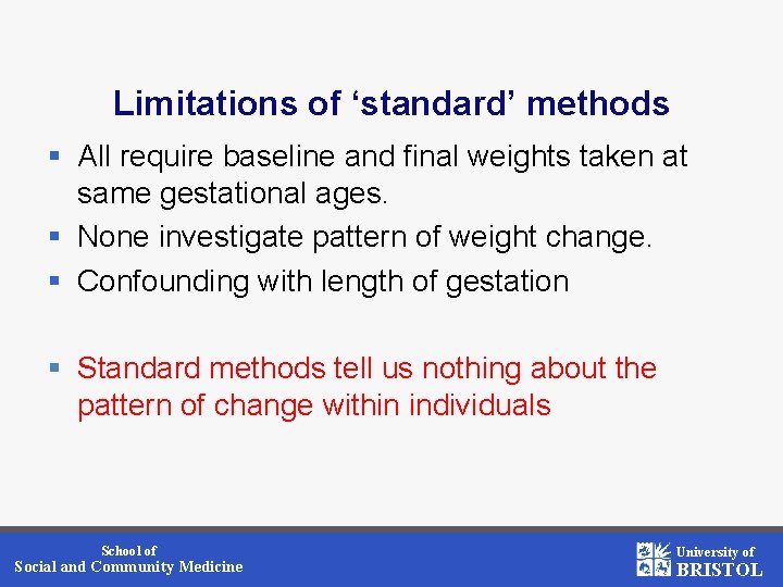 Limitations of ‘standard’ methods § All require baseline and final weights taken at same