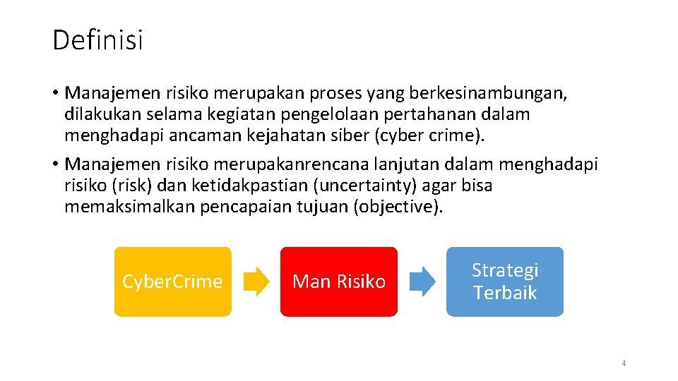 Definisi • Manajemen risiko merupakan proses yang berkesinambungan, dilakukan selama kegiatan pengelolaan pertahanan dalam