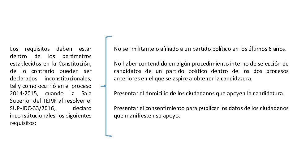 Los requisitos deben estar dentro de los parámetros establecidos en la Constitución, de lo