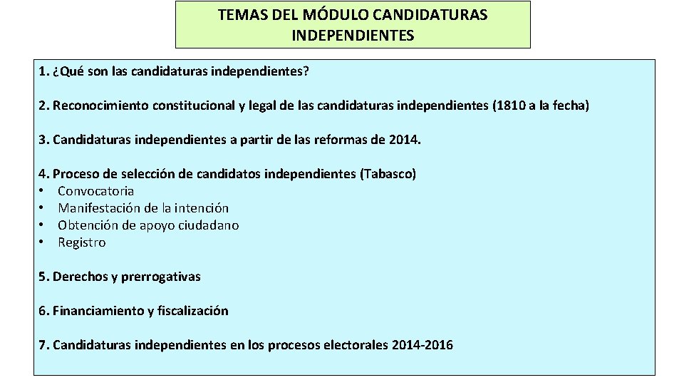 TEMAS DEL MÓDULO CANDIDATURAS INDEPENDIENTES 1. ¿Qué son las candidaturas independientes? 2. Reconocimiento constitucional