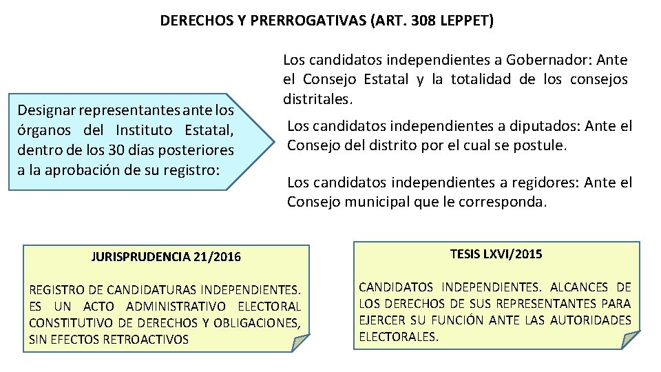 DERECHOS Y PRERROGATIVAS (ART. 308 LEPPET) Designar representantes ante los órganos del Instituto Estatal,