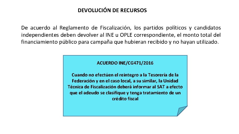 DEVOLUCIÓN DE RECURSOS De acuerdo al Reglamento de Fiscalización, los partidos políticos y candidatos